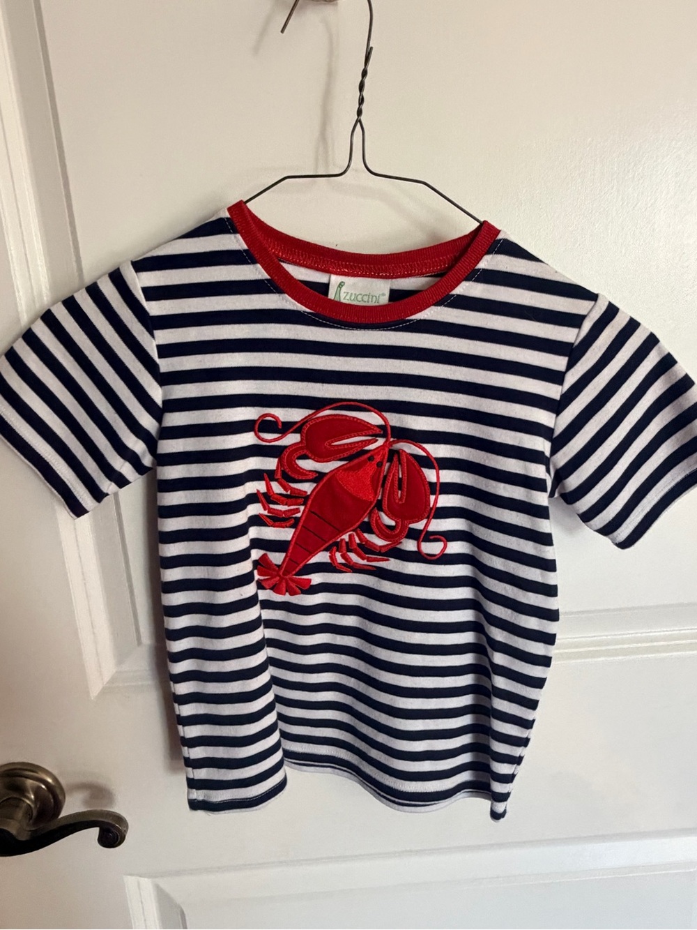 Zuccini Navy & White Striped Short-Sleeve Tee with Red Lobster Applique